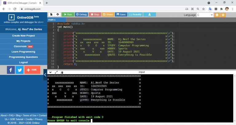 Name Card Project with C Programming using OnlineGDB & Dev C++ IDE ...
